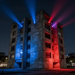 detailed brutalist building made of concrete on a dark night lit by blue and red spotlights, by denys lasdun, artstation, unreal engine 5, 8 k
