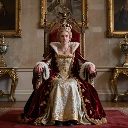 Ellie from The Last of Us as the Queen of England, sitting on throne, wearing a royal gown, crown on her head, interior of Buckingham Palace
