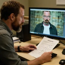 a strong bearded man at desk with computer monitor studying paper networking still from the show breaking bad