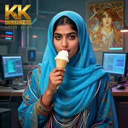 hyperrealist portrait of a young hyderabadi muslim american woman wearing a cyan blue niqab eating ice cream, it is decorated with long wires and computer monitors are all over their body within the cyberpunk office background. by jeremy mann and alphonse mucha, fantasy art, photo realistic, dynamic lighting, artstation, poster, volumetric lighting, very detailed faces, 8 k, award winning
