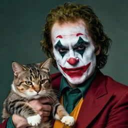 Mauricio Macri in Elaborate Joker Makeup and prosthetics designed by Rick Baker, Hyperreal, Head Shots Photographed in the Style of Annie Leibovitz, Studio Lighting, Mauricio Macri with an angry cat in his hand n 6