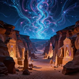 epic shimmering ancient ruins in desert canyon valley night, haunted sky, infinite fractal waves, synthwave, bright neon colors, highly detailed, cinematic, eyvind earle, tim white, philippe druillet, roger dean, ernst haeckel, lisa frank, aubrey beardsley, kubrick, kimura, isono