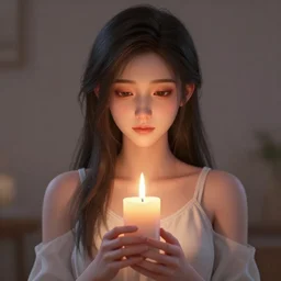 portrait of a feminine young woman holding a lit candle, fragile, soft, vray, hyperdetailed, 3d character, game character