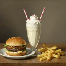 An old Dutch still painting of a milkshake, hamburger and fries