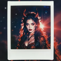 weathered old analog polaroid portrait photograph of an attractive female devil, horror, monster, demon, azure and red tones, space, stars, nebula, lensflare, sunlight, glare, depth of field, bokeh, filmgrain, red color bleed