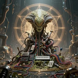 a centered render of an alien bio - organic landscape adorned with cables and synthesizer parts is surrounded by sacred geometry, bio - mech structure, powerful, cinematic, beautifully lit, by artgerm, by h. r. giger, 3 d, trending on artstation, octane render, 8 k