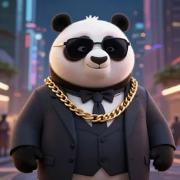 a gangster panda, wearing a suit jacket, sunglasses and a gold chain around his neck, 3 d render, cinematic, octane, city at night, 3 2 k