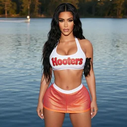 professional photo of kim kardashian wearing a hooters uniform, posed by a lake, intricate, elegant, highly detailed, smooth, sharp focus, by maxim magazine