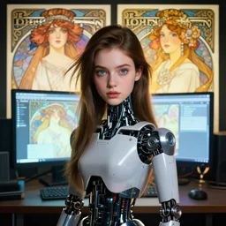 hyperrealist portrait of a pretty young female robot with large eyes standing in front of a computer simulation by jeremy mann and alphonse mucha, fantasy art, photo realistic, dynamic lighting, artstation, poster, volumetric lighting, very detailed faces, award winning