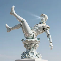 full-body rococo and cyberpunk style porcelain and quartz statue of a young attractive novinho Brazilian android man falling from the sky, glowing white laser eyes, prince crown of red gears, diamonds, swirling gold-colored silk fabric. futuristic elements. full-length view. steampunk robots. human skulls. intricate artwork by caravaggio. Trending on artstation, octane render, cinematic lighting from the right, hyper realism, octane render, 8k, depth of field, 3D