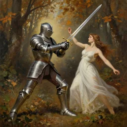 armored knight stabbing a nymph with a longsword, autumn, forest, painting