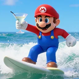 action shot from a movie still of mario surfing while holding a martini in one hand, the martini has an olive, highly detailed, professional high quality 4 k render tight action shot heart pounding dramatic lighting style of wall - e