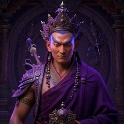 portrait of supernatural tibetan monk warrior, intricate, ultra violet highlights, neon, tan skin, sharp focus, octane render, detailed, beautiful, unreal engine, symmetrical, artstation, art by karol bak, art by artgerm, rossdraws, cinematic, concept art, filmic, vsco