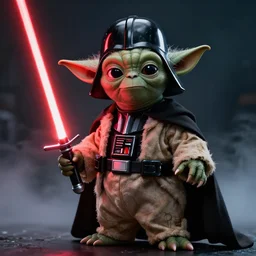 yoda dressed as darth vader, red light saber, dark background, fog, trending on artstation, award winning, clear, ultra detailed