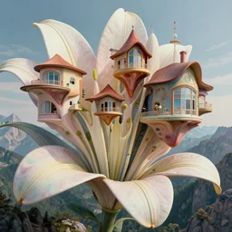 hyperrealistic abstract close-up Renaissance psychedelic!! Frank Wright's architecture turns into biotech Zarhi Khalid's architecture!!! in the form of a mobius strip on a mountain landscape!!! beautiful fractal!! parts of the house hang as consoles in the form of lily petals, octane render, hd