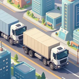 futuristic cargo trucks driving inside a solarpunk city, illustration, isometric 3 d perspective
