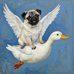 happy pug on the back of a flying duck, detailed oil painting by chagall