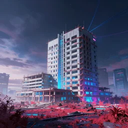 a beautiful hyperdetailed rendering of unfinished building hospital by john howe, nature water vaporwave at dawn cyberpunk at night thermal imaging neon noir infrared magic realism laser fisheye anime landscape nightsky, archdaily, wallpaper, highly detailed, trending on artstation.