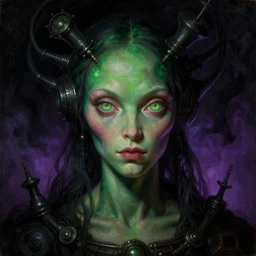 a baroque neoclassicist close - up portrait of a retrofuturistic alien witch gazing intensely with glowing eyes surrounded by black glowing lovecraftian technology. head, face and shoulders, deep green and purple foggy black background. renaissance portrait painting. highly detailed science fiction painting by norman rockwell, frank frazetta, and syd mead. rich colors, high contrast, gloomy atmosphere, dark background. trending on artstation.