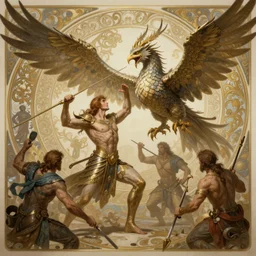 quetzalcoatl in an epic battle with garuda, fantasy, d & d, intricate, elegant, highly detailed, digital painting, artstation, concept art, matte, sharp focus, illustration, art by john collier and albert aublet and krenz cushart and artem demura and alphonse mucha