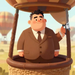 character portrait of a chubby clean shaven middle aged man in a brown suit with short black hair, standing inside a brown patched up hot air balloon, digital art