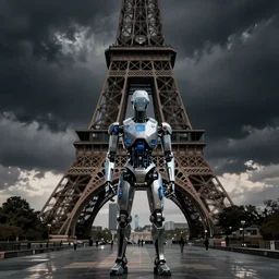 cinematic, moody, noir, cyberpunk, future, Paris, Robot in front of Eiffel Tower, artstation