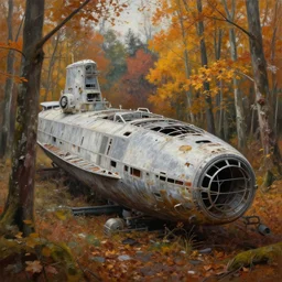 hyper realistic painting of abandoned cargo spaceship in the autumn forest brom, mucha, moebius, craig mullins, juan gimenez artstation cgsociety