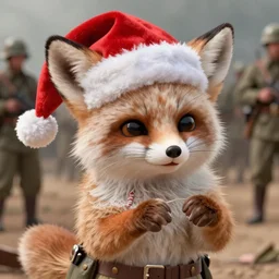 cute fennec fox, wearing santa hat, realistic cinematic lighting, establishing action shot, ultra detailed, hyper realism, photo, octane render, 8k, comedy, trending on artstation, set in ww2 germany