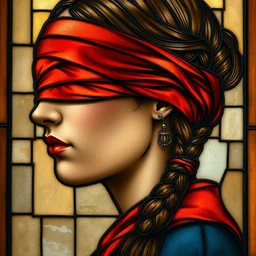 beautiful detailed side - view portrait of philippa eilhart, a blindfolded woman, covered eyes, red and orange blindfold, brown pigtails, stained glass art, by alphonse mucha, masterful