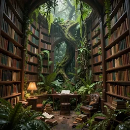 decaying interior of an ( ( old library ) ) with a rainforest growing inside, highly detailed, intricate detail, beautiful 3 d rendering, octane render, hyperrealistic, trending on artstation, by greg rutkowski and simon stalenhag