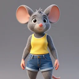 3 d render, portrait, upper body shot, mid shot, anthropomorphic mouse, female, wearing denim short shorts and a off yellow tank top shirt, in the style of robben hood