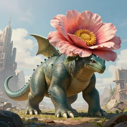 highly detailed portrait photo of a huge mûmakil-venusaur with a giant flower on its back, scenic dystopian environment, hyperrealistic Illustration