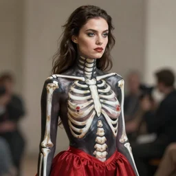 mila jovovich wearing skeleton bodypaint and a crimson skirt, hyper realistic digital painting, hd, intricate, depth of field, soft lighting, elegant