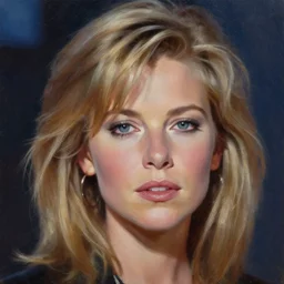 closeup portrait of olivia newton john in the music video hopelessly devoted to you, evening, highly detailed oil painting, vladimir volegov, artstation