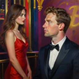 contemporary oil matte portrait painting, man in a suit looking in awe at a woman in a red dress next to a vibrant club entrance, detailed faces, wonderful masterpiece highly detailed, beautiful cinematic light deep focus, elegant, smooth, sharp focus, golden ratio, dramatic illumination, ultra realistic, 8 k, art by nathan walsh and jimmy law