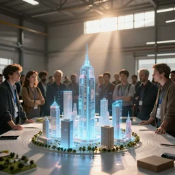 large group people in a warehouse, looking at hologram model of futuristic city on a table, cinematic concept art, godrays, golden hour, natural sunlight, 4 k, clear details, tabletop model buildings, tabletop model, hologram center