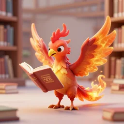 A small fiery phoenix reads a book in a library, Digital Art, Artstation, 3D, Raytracing, UHD, Ultra High Definition, 4K, Render, Cycles, realism