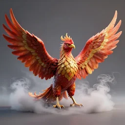 a full phoenix bird squatting surrounded by smoke smoke smoke, spreading wings side to side, 4 k, octane rendered, 8 5 mm f 1. 8