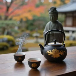 ceremony of tea, japanese garden, temple, statue, traditional japanese tea pot, two smoky cup of tea on a wood table, smoky autumn lightings, japanese garden background, micro details, ( ( ( intricate ) gold details ) ), photorealism, crisp, hasselblad camera, by annie leibovitz