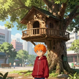 orange - haired anime boy, 1 7 - year - old anime boy with wild spiky hair, wearing red jacket, standing under treehouse in city plaza, urban plaza, large tree, ultra - realistic, sharp details, subsurface scattering, godrays, intricate details, hd anime, 2 0 1 9 anime