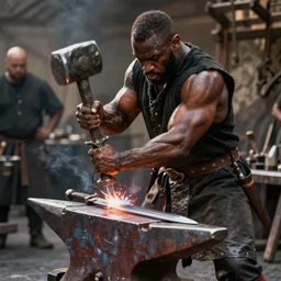 a muscular dwarf blacksmith, wearing blacksmith clothing!!!!!!!, swinging hammer down forging a sword on an iron anvil, cinematic, epic, medieval, realistic, by greg rutkowski, craig mullins, jeff easley, archvillain, titanforge, blizzard, hearthstone, mtg, wotc