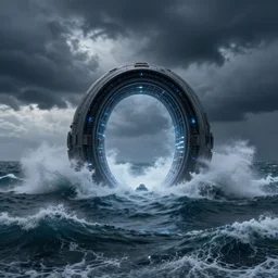 intergalactic stargate portal in the middle of a stormy sea, with waves crashing all around it by lee madgwick