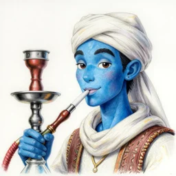 djinn smoking a hookah, blue skin, bedlah attire, fantasy, finely illustrated face, highly detailed, colored pencil, studio ghibli, tankobon, in the style of ilya kuvshinov and krenz cushart and william - adolphe bouguereau and alphonse mucha