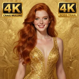 Highly detailed painting of a beautiful young woman with long red hair, smiling by Craig Mullins and Ross Tran, wearing a fancy dress, Golden fabric Background, Golden thread, intricate patterns, Trending on artstation, pinterest, cgsociety, 4k, 8k, HDR, award winning, unreal engine