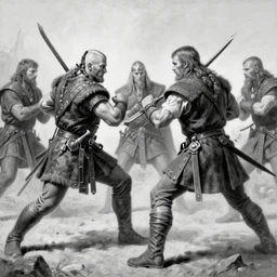 detailled black and white oil painting of a viking fighting by greg tocchini, by roberto ferri, by thomas blackshear, by jeremi lipking, dark particles, brush strokes, white background, realistic faces, elegant, cinematic light, sharp focus, illustration, harmony, dynamic composition, masterpiece, pen,