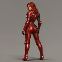 Female paladin, dnd, d&d, leggins, red skintight leather armor, red hair, looking from behind, visible face, beautiful face, shapely derriere, high fantasy, matte painting, by wlop