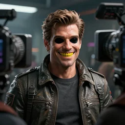 G man from half life 2 in a supreme jacket with empty eye sockets grinning with yellow crocodile teeth into a TV camera, hyper realistic, dystopia, depth of field, physically based rendering, pbr render, very detailed, volumetric lighting, octane render