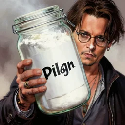 an epic comic book style painting of johnny depp with a big unlabeled jar of white powder, powder on his nose, trending on artstation, dynamic lighting
