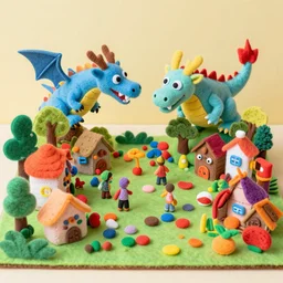 handmade diorama made of felt, clay, sewn, crochet!!!! other miscellaneous households items and crafts!!! of dragon!!! attacking a village, vibrant, colorful, cute, primary color palette, hd image