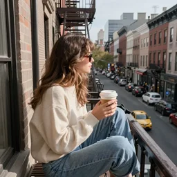 “ a girl holding a cup of coffee sitting on a fire escape overlooking the east village in new york city, morning light, by daniel gerhartz ”